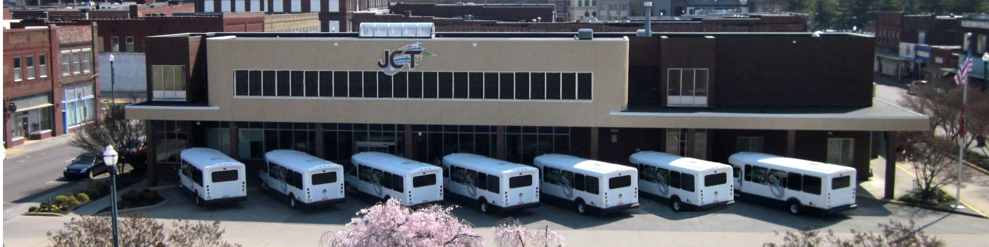 Aerial view of Johnson City Transit Center with buses in front